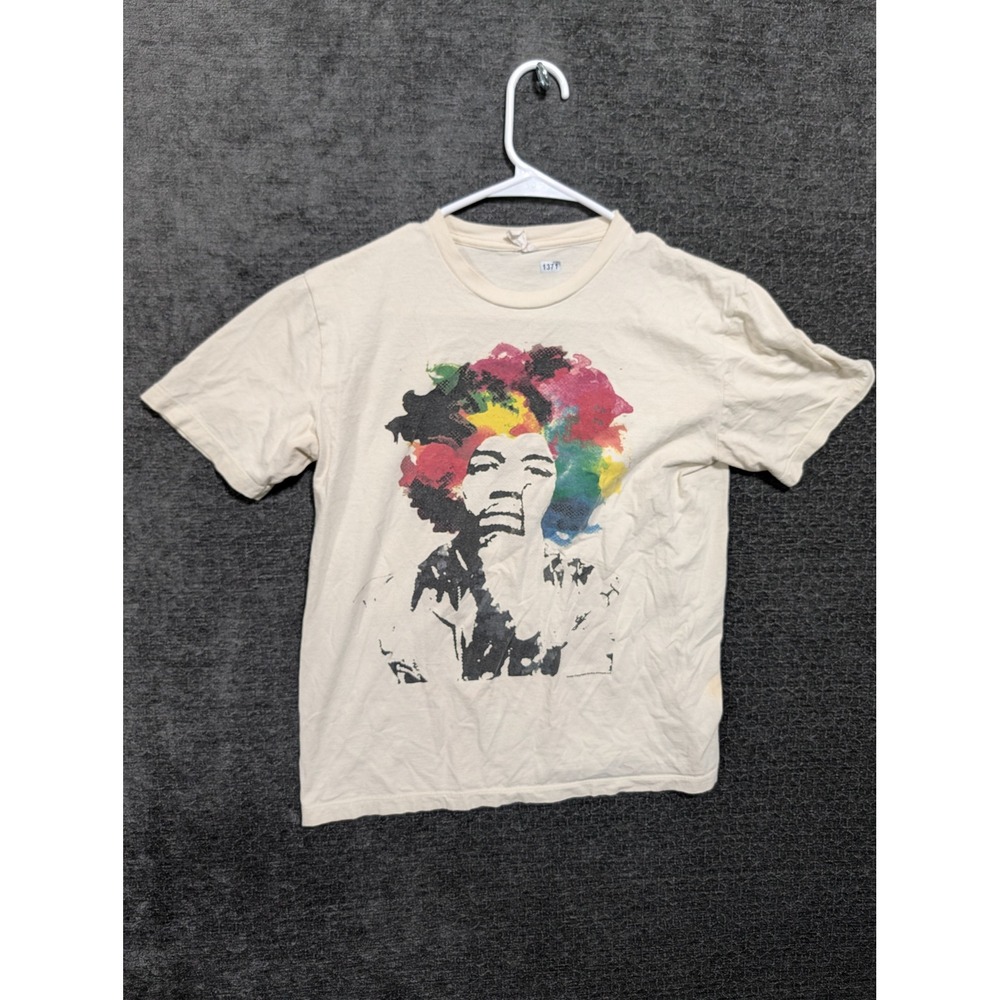 Jimi Hendrix Graphic T-Shirt Cream Multi Color Rock Music Tee 1371